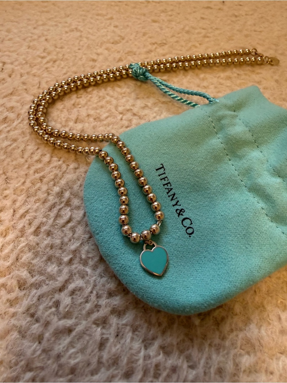 Tiffany & Co. Silver Beaded Necklace with Heart Tag on Tiffany Blue Pouch